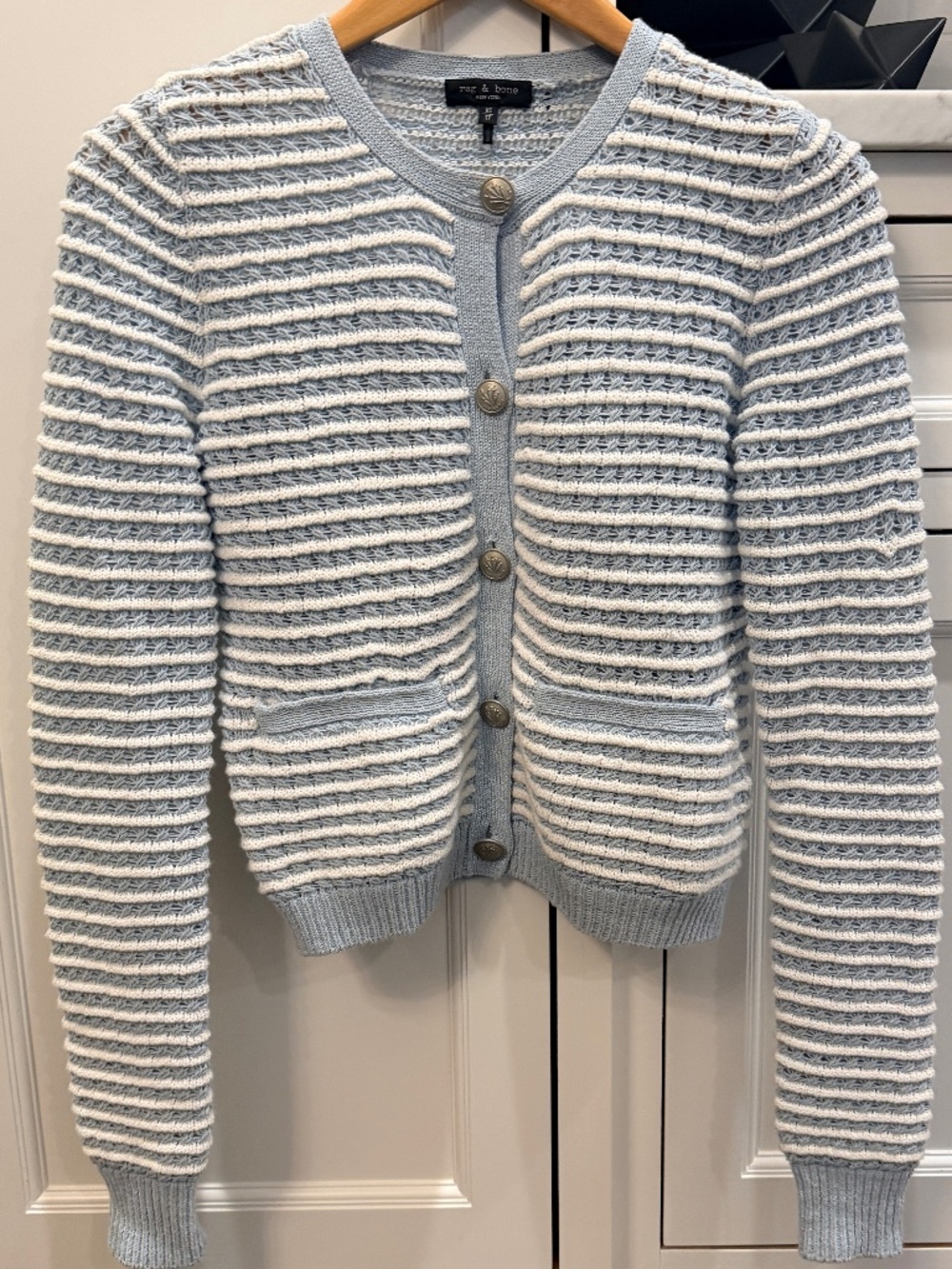 RAG & BONE MARLEE COTTON CARDIGAN BLUE STRIPED TEXTURED KNIT SZ XS